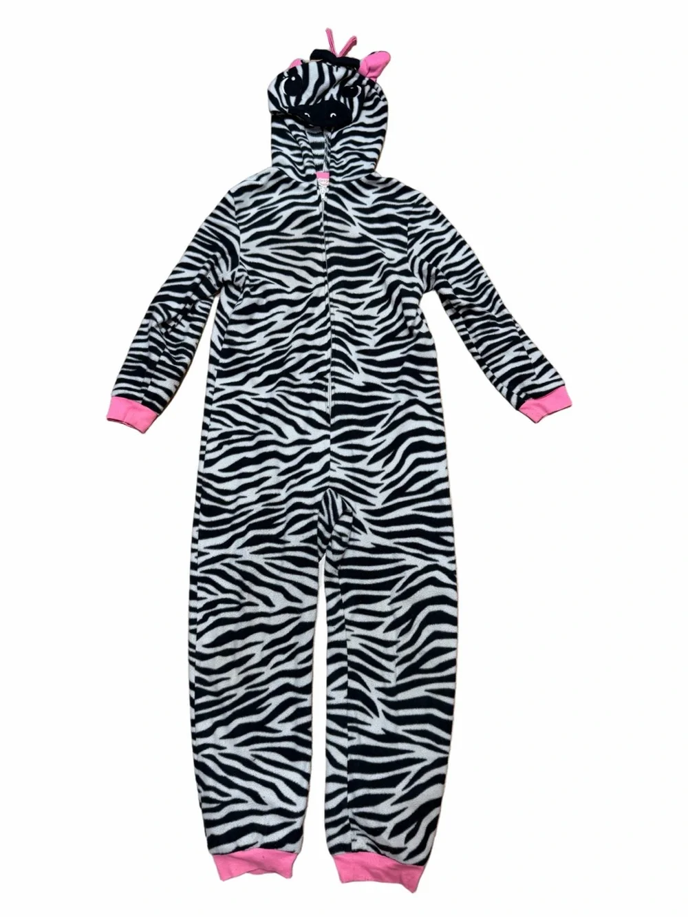 Cat & Jack Girls M 7/8 Zebra Hooded Fleece One Piece Pajamas Black White Pink